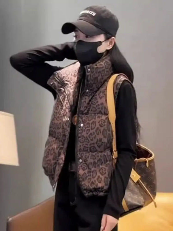 Leopard Women's Autumn Winter Sleeveless Parkas Jacket 2025 Woman Mandarin Collar Cotton Padded Vest Korean Style Waistcoat