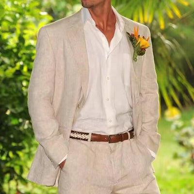 Light Blue/Beige Linen Men Suits Groom Tuxedos Notch | SAMAG