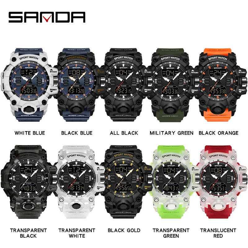 SANDA Men Quartz Watches G Style Military Sports LED Digital Outdoor Waterproof Dual Display Wristwatch - Visuel 4 | SAMAG