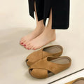 New Arrival Cross Design Closed Toe Mules, Soft Sole Suede Slides, Versatile Commute Daily Wear Women Backless Half Sandals