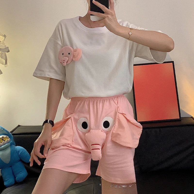 New Summer Couple Outfits Pajama Homewear Suit Men Wowen Squeaky Elephant Shorts Pant Boy Grils Loose Suit Leisure Pajamas Pants