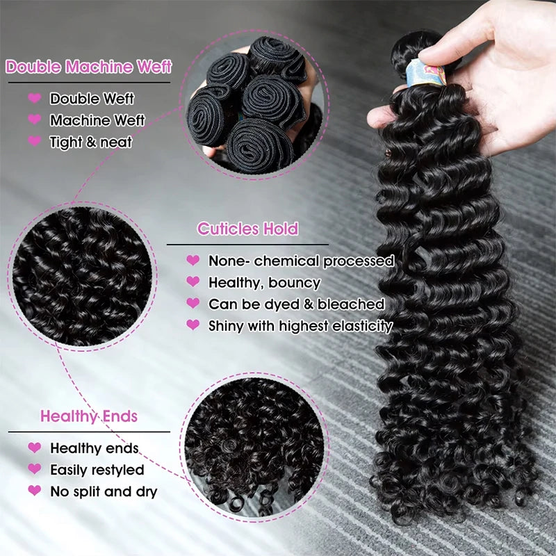 12A Natural Color Loose Deep Wave Human Hair Bundles And Weaves Unprocessed Brazilian Human Hair Weave Bundles 1/3/4PCS Raw Hair Bundles Weave Extensions Hair Extensions Materials For Women Natural Black Soft Silky Hair Loose