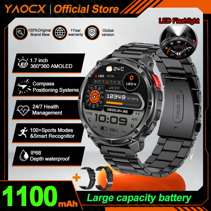 NEW 1100mAh Battery Sports Smart Watch Compass IP68 Waterproof Outdoor Flashlight Voice Assistant Heart Rate BT Call Smart Watch