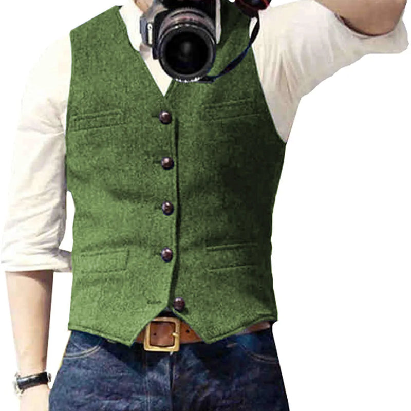 V Neck Men's Suits Vest Casual Classic Formal Business Herringbone Tweed Slim Fit Waistcoat For Wedding Groomsmen