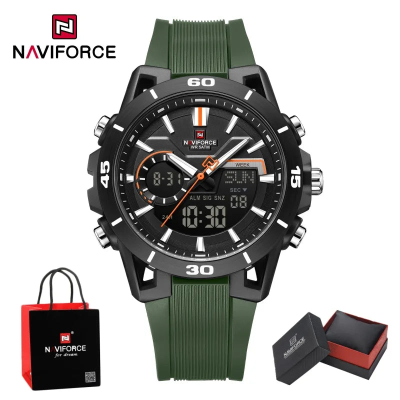 NAVIFORCE Men's Fashion Dual Display Watch 5ATM Waterproof Luminous Soft TPU Strap Male Sports Outdoor Daily Wristwatch Gift Box