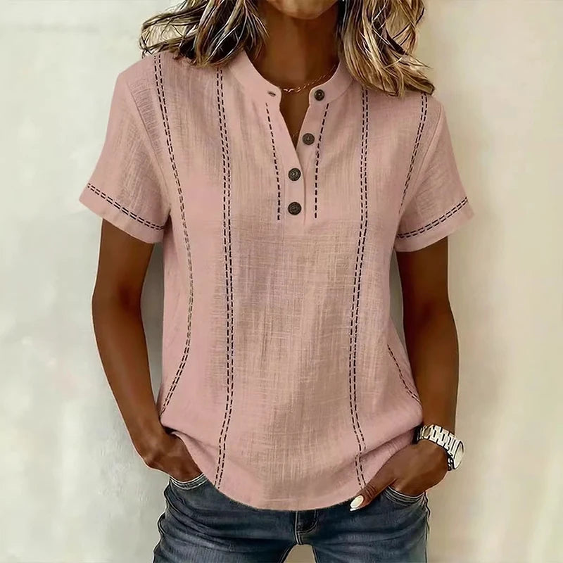 Elegant Women Blouse Shirt V Neck Button Patchwork Short Sleeve Shirts For Women Summer Striped Loose Tee Women Casual T-shirts