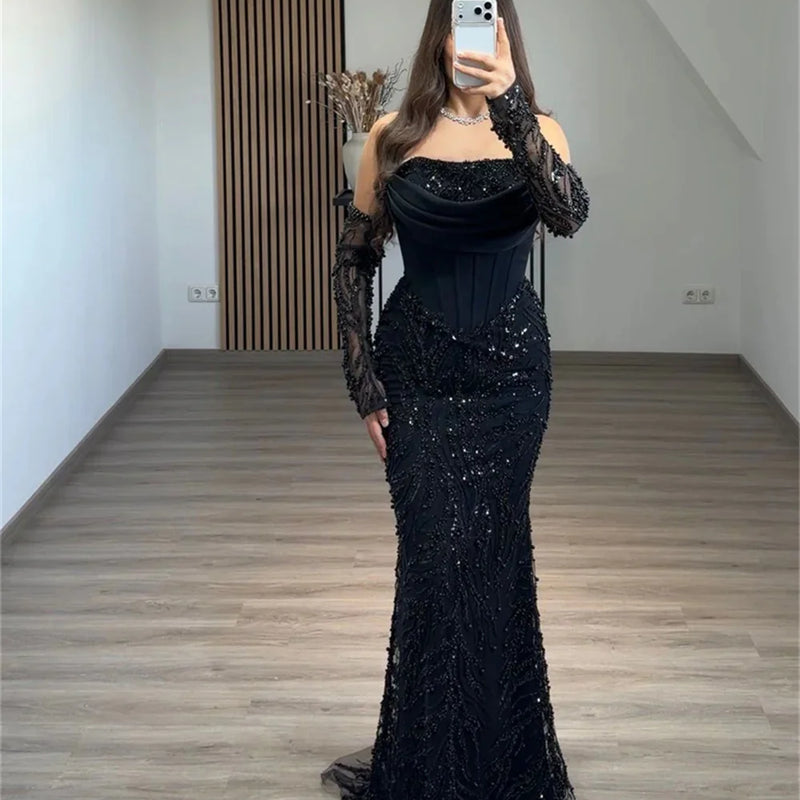 Contessa Custom Black Shiny Sequin Beaded robe de soirée | SAMAG