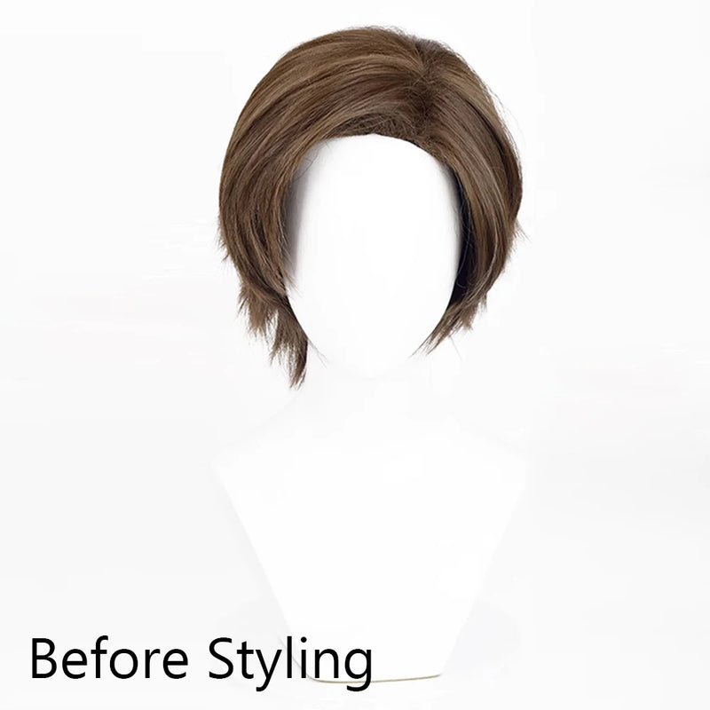 Brown Short Straight Synthetic Wig Middle Part Fluffy Anime Game Cosplay Heat Resistant Wig for Daily Party