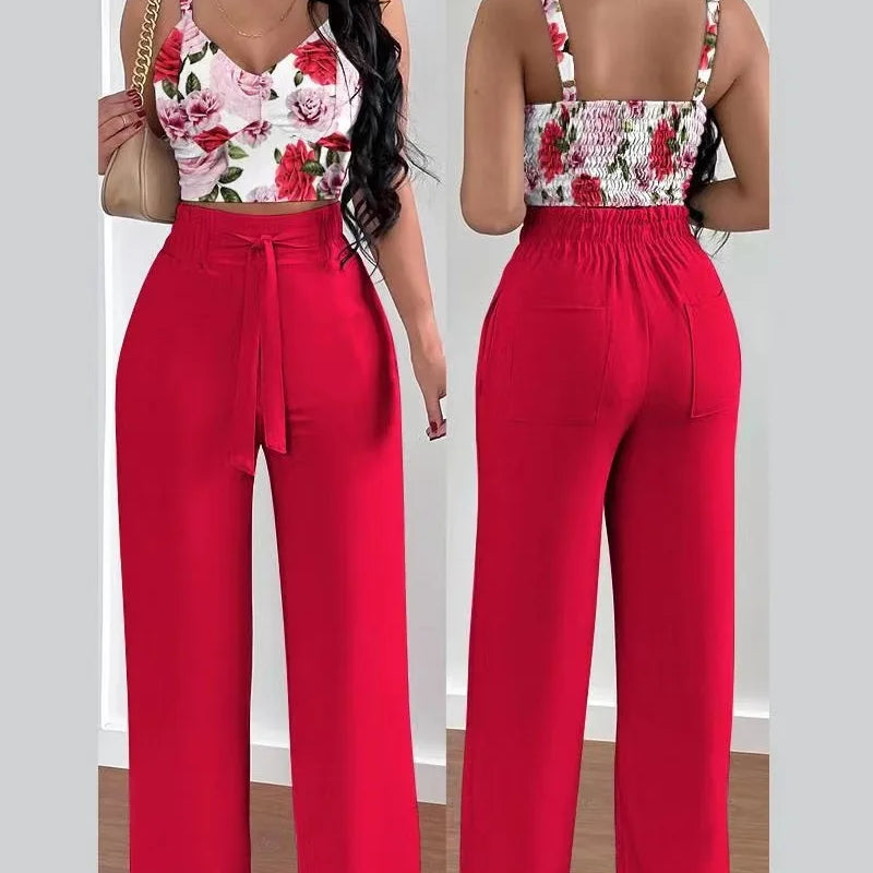 Women's Two Piece Sets Fashion Print Halter V-Neck Short Tank Suit Tops Long Pants Matching Set Summer Casual Female Slim Pants
