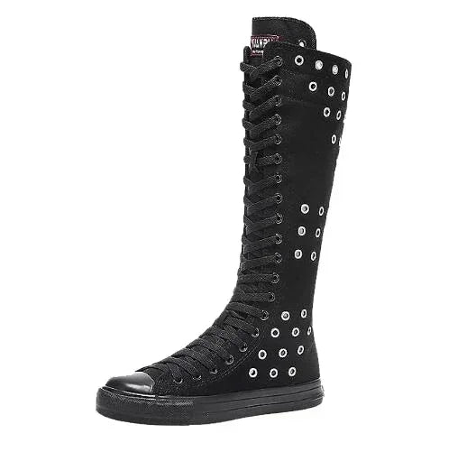 Boots Women Sneakers Canvas Casual High Top Shoes Long Boot Lace-Up Zipper Comfortable Flat Boot Sneakers Tenis Feminino