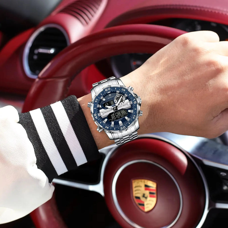POEDAGAR Top LED Man Clock Waterproof Electronic Luxury Men's Watches Dual Time Display Digital Stainless Steel Men Quartz Watch
