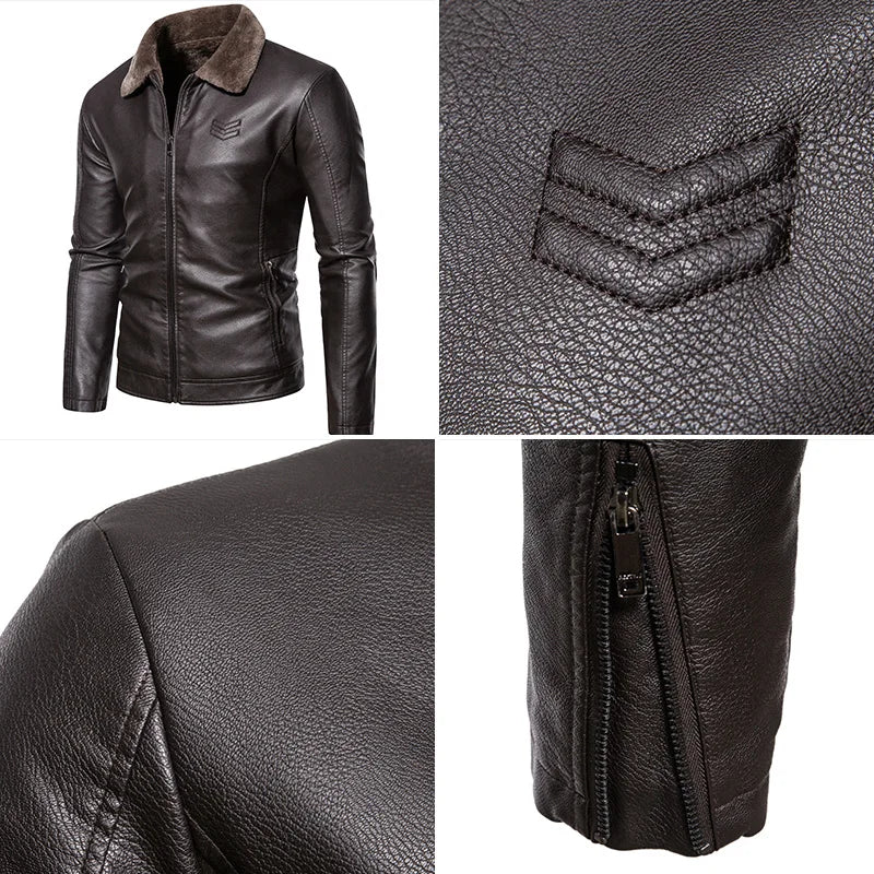 Faux Fur Faux Leather Men Jacket Thickened Plush Lining Warm PU Leather Jacket Brown Leather Jacket Winter Faux Fur Collar Coat