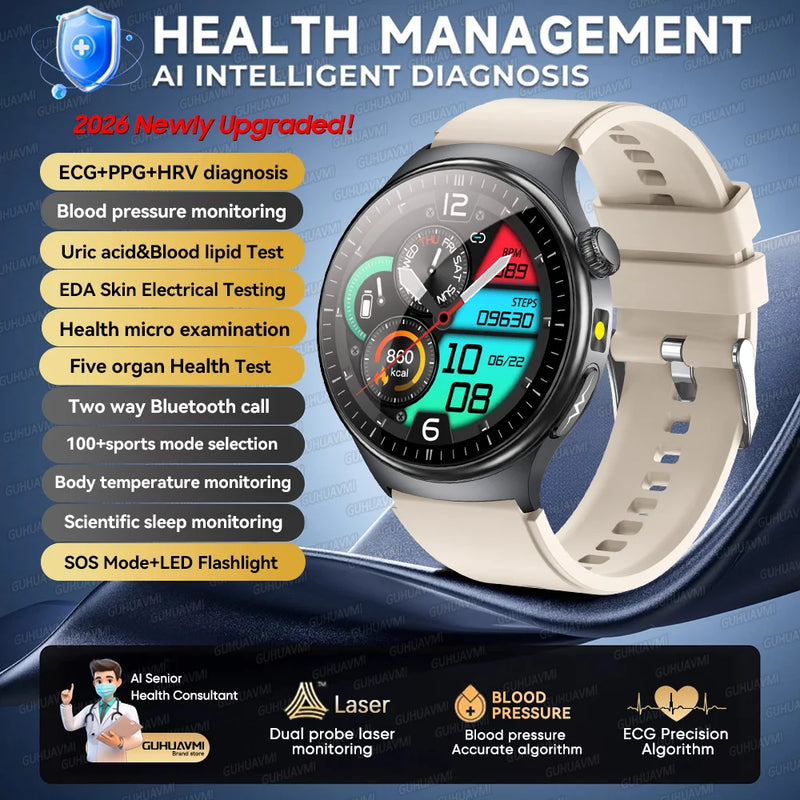 2026New AI-Diagnosis Care Smartwatch ECG+PPG Accurate Uric Acid Blood Pressure Body Fat Five organ Fitness Waterproof Smartwatch
