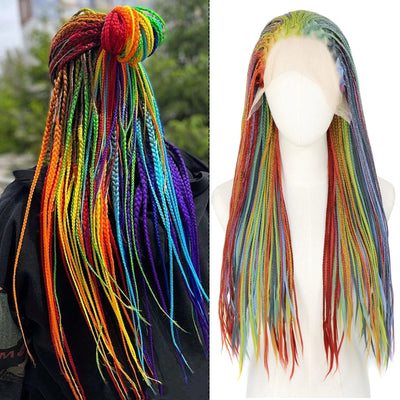 Rainbrow Colored Box Braided Wigs For Black Women 26Inch Long African Cornrow Crochet Braids Synthetic Hair 13x3 Lace Front Wig