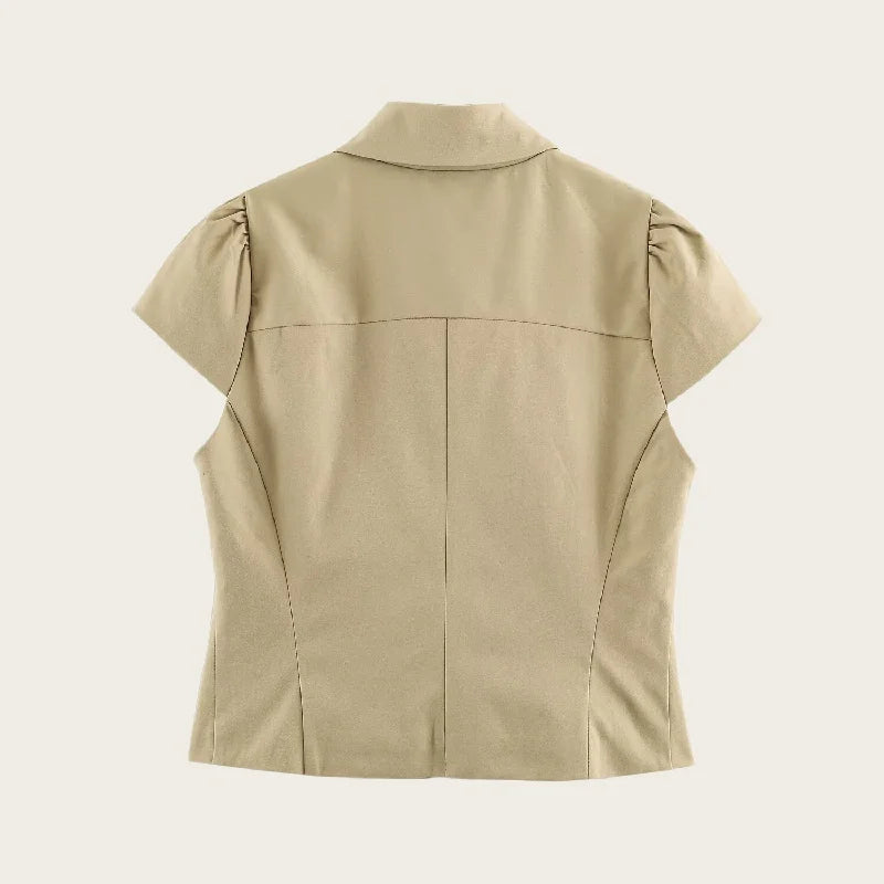 Summer Women High Quality Double Breasted Short Sleeve Lapel Slim Fit Blouse, Asymmetric Hem Casual Office Work Short Top