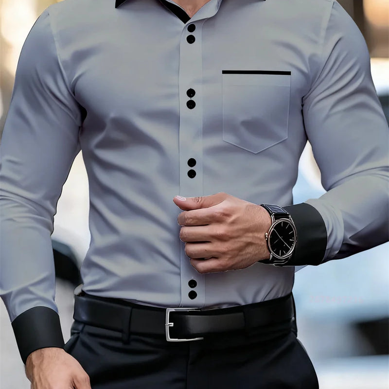 Men's Business Color Block Collar Long Sleeve Shirt, Slim | SAMAG