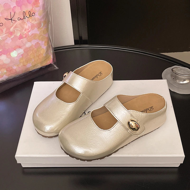 Summer Women Metallic Round Toe Mary Jane Hook & Loop Strap Mules Clogs Non Slip Casual Flats Sandals Slippers Shoes for Ladies