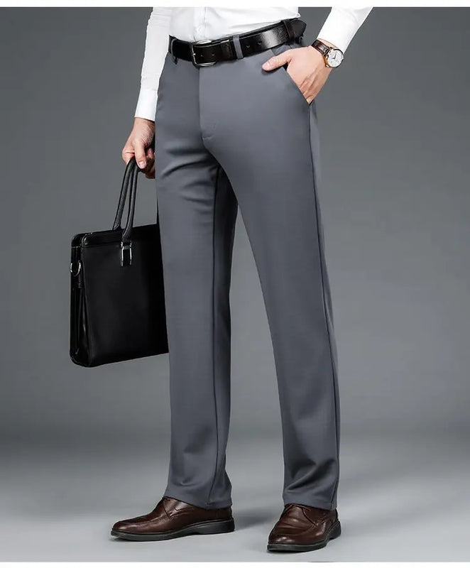 Winter Fleece Warm Business Formal Pants Men Classic Work Office Grey Elastic Waist Suit Thicked Thermal Trousers Plus