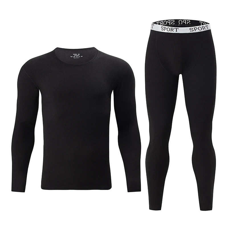2-piece Autumn And Winter Men's Black Casual Warm Underwear Set Large Comfortable Round Neck Sports Fitness Base Shirt Sleepwear