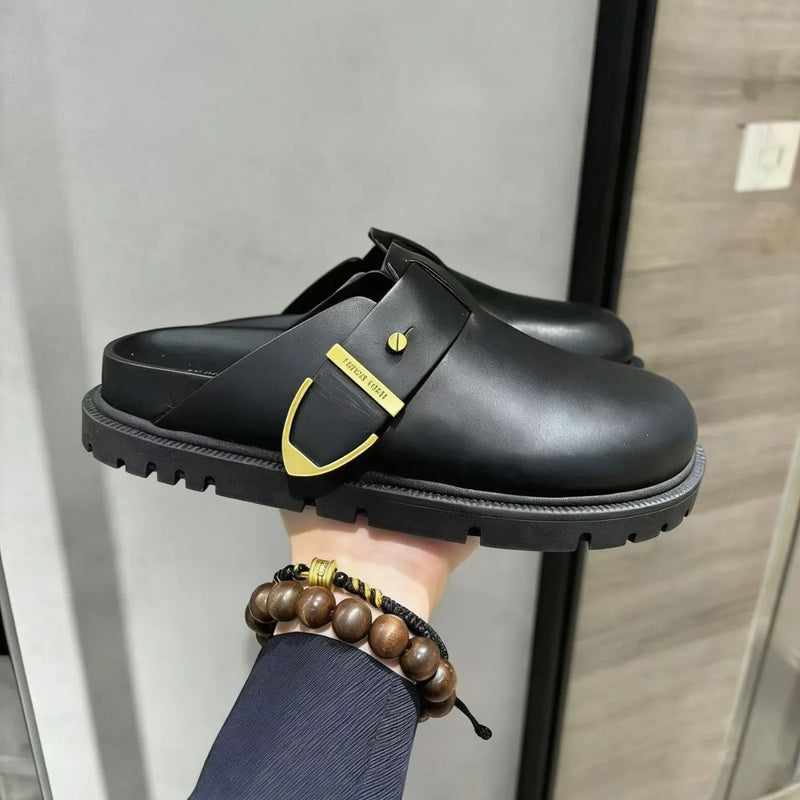 Women's All-cowhide Versatile Leather Half-drag Comfortable Slip-on Cork Bottom Outer Wear Casual Bag Head Fashion Mules Clogs