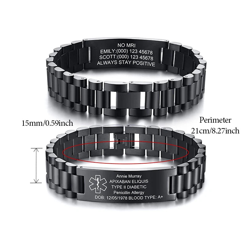 Custom Medical ID Bracelet Medilert Bracelets for Men Women Engraving Stainless Steel Medic ID Bracelet Wristband for Dad Mom