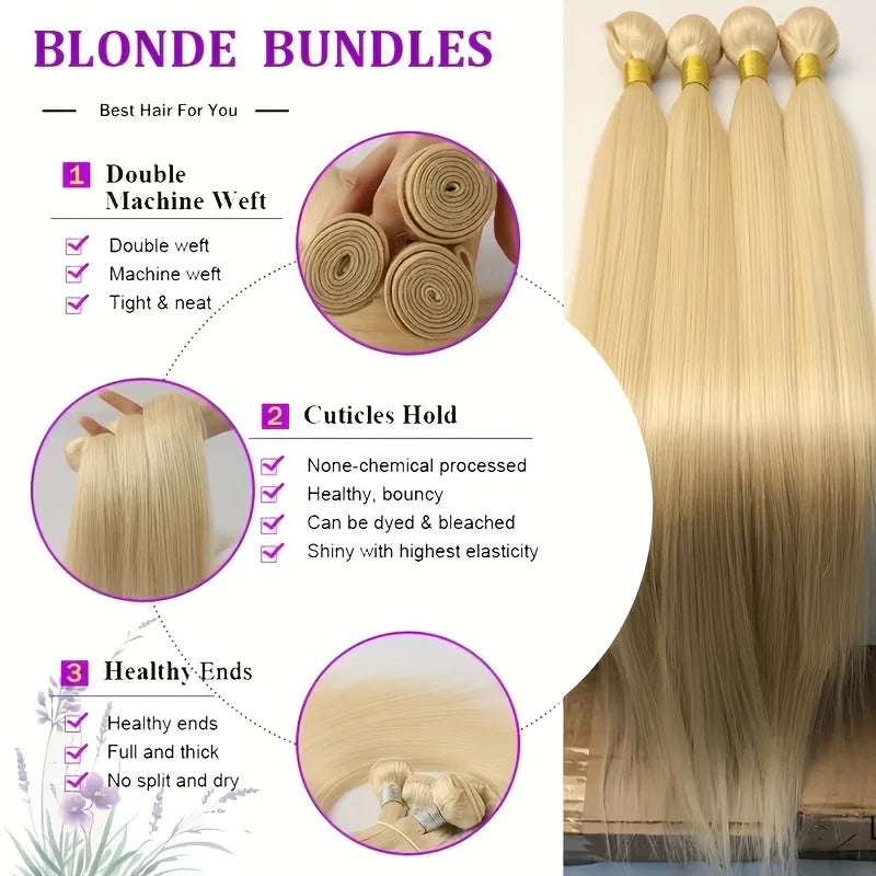 613 Bundles Blonde Bundles Human Hair 24 26 28 30 Inch 613 Straight Hair 1/3/4 Bundle 12A Unprocessed Vietnamese Virgin Hair