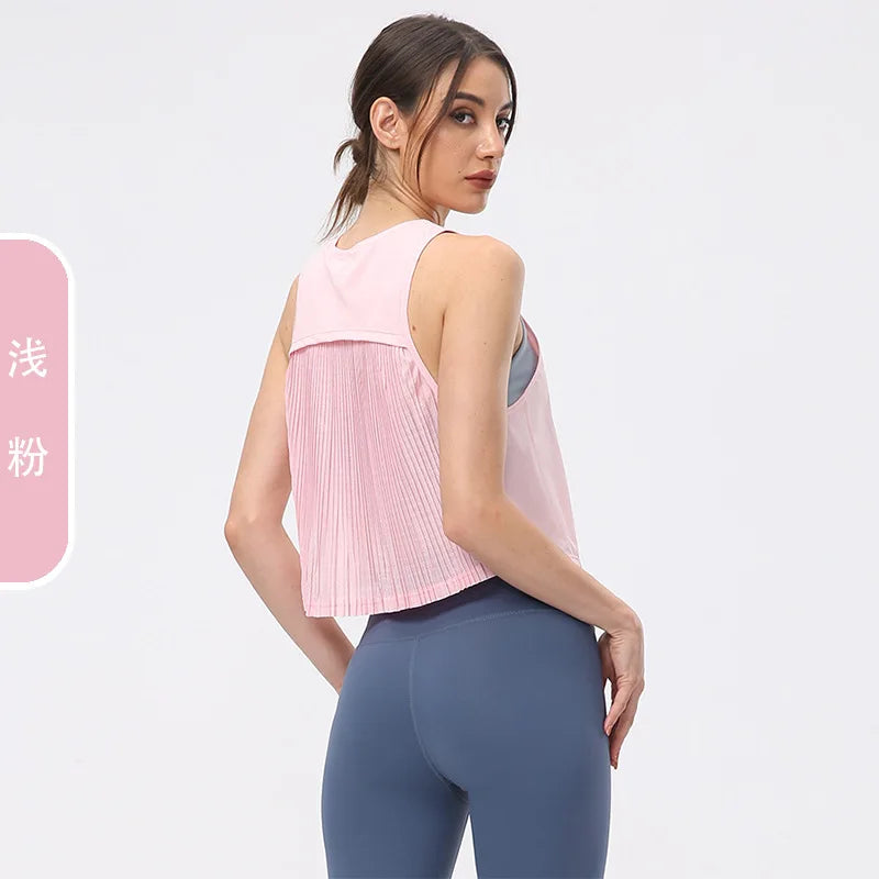 Cover Up Shirt for Women, Quick Drying, Summer Thin Pleated and Wrinkled Fitness Suit, Top Worn with Sleeveless Sports Vest