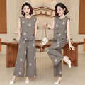Women 2 Piece Outfit Sleeveless Printed Top And Wide Leg Pants Summer Casual Mom Wear For Middle Aged