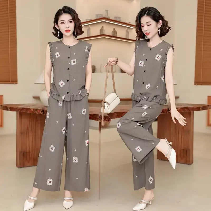 Women 2 Piece Outfit Sleeveless Printed Top And Wide Leg Pants Summer Casual Mom Wear For Middle Aged