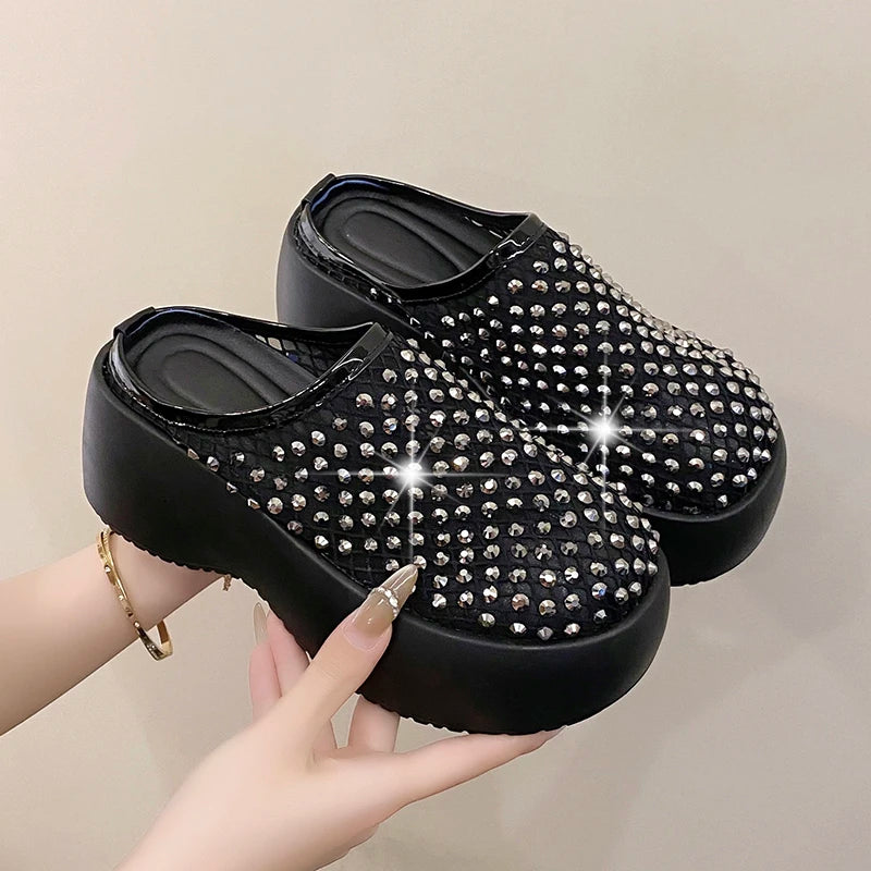 Summer Women Glitter Rhinestone Mesh Hollow Out Round Toe Platform Mules Slide Slippers Non Slip Casual Slippers Shoes for Women