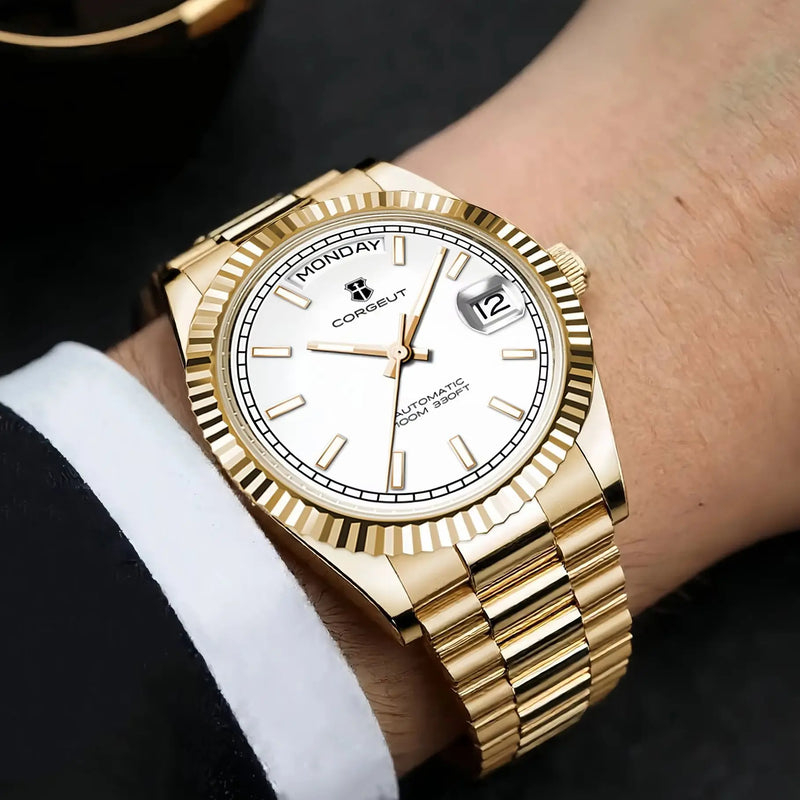 CORGEUT NH36 Mechanical Men's Watch Date of the Week Show President Chain Strap Steel Case Watch Threaded Arc Bezel Waterp