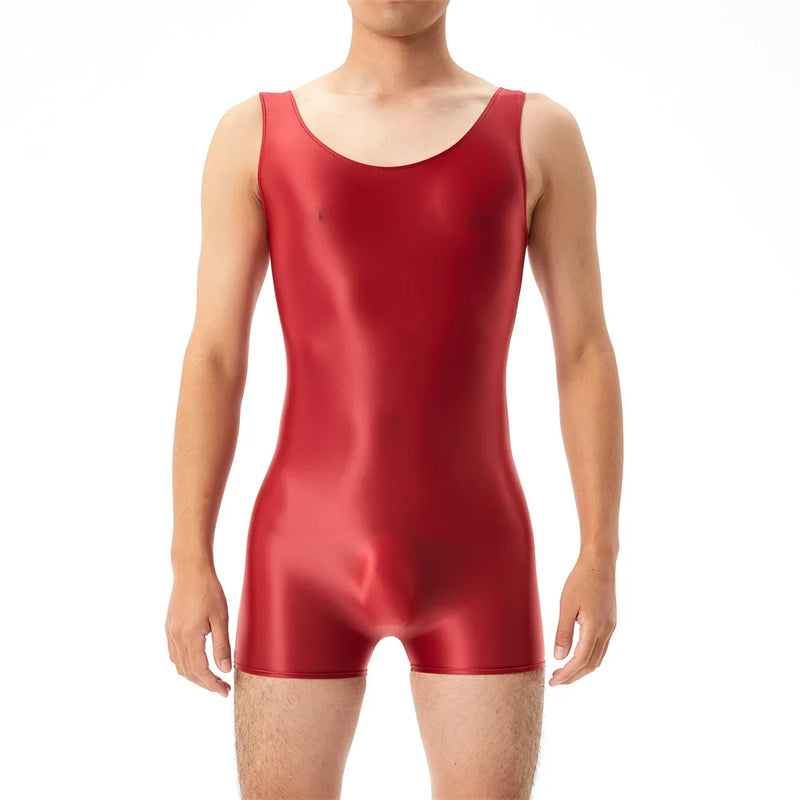 Mens Undershirts Leotard Sleeveless Glossy Elastic Seamless Bodysuits Wrestling Singlet Bodywear Lingerie Sheer Gay Jumpsuits