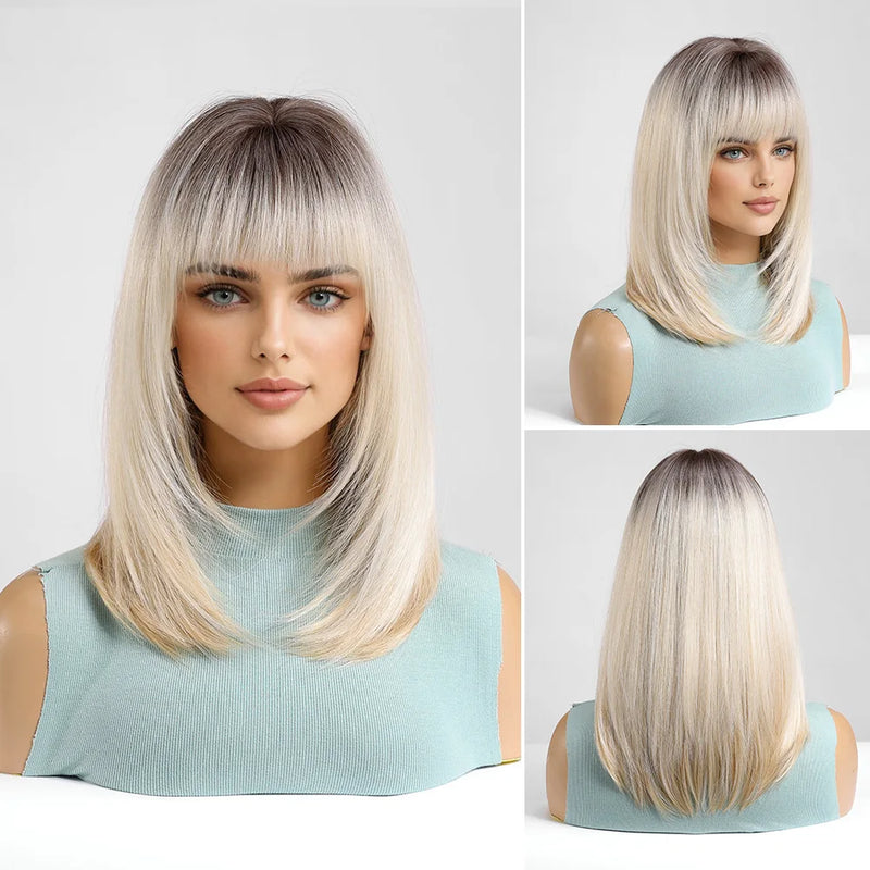 EASIHAIR Short Straight Bob Hair Synthetic Wigs for Women Brown Straight Natural Wigs with Eight Character Bangs Daily Cosplay