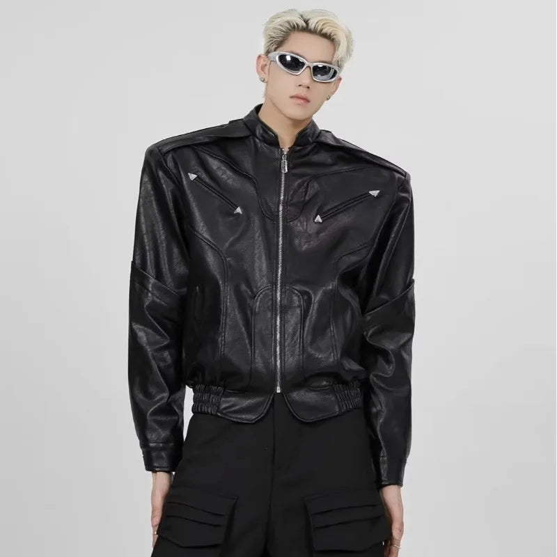 American Fashion Stand Collar Zipper Leather Jacket High Street Motorcycle Clothing Men's Casual Loose Fashionable Cardigan Top