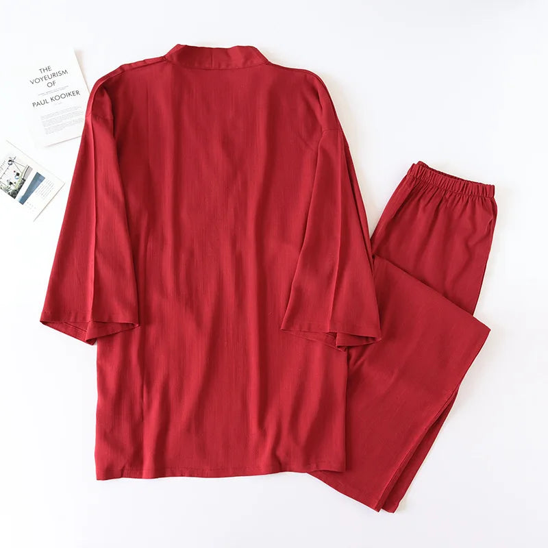 2026 Men's Japanese Kimono Robes Sets Cotton Linen Pajamas Two-piece Set Couple Loose Bathrobes Sweat Steaming Home Service Suit