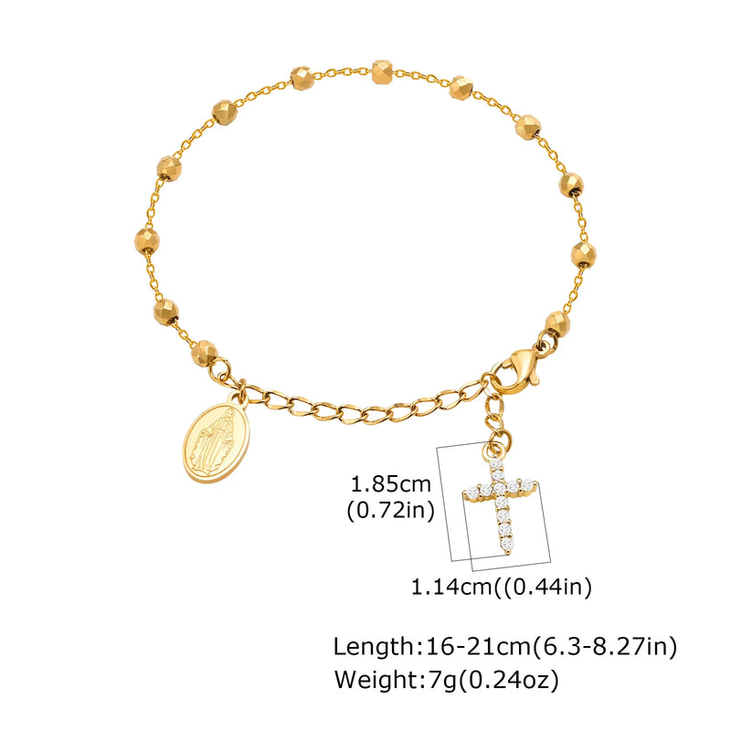 Charm Cubic Zirconia Cross Rosary Bracelet for Women, Stainless Steel Mary Adjustable Link, Religious - Visuel 7 | SAMAG