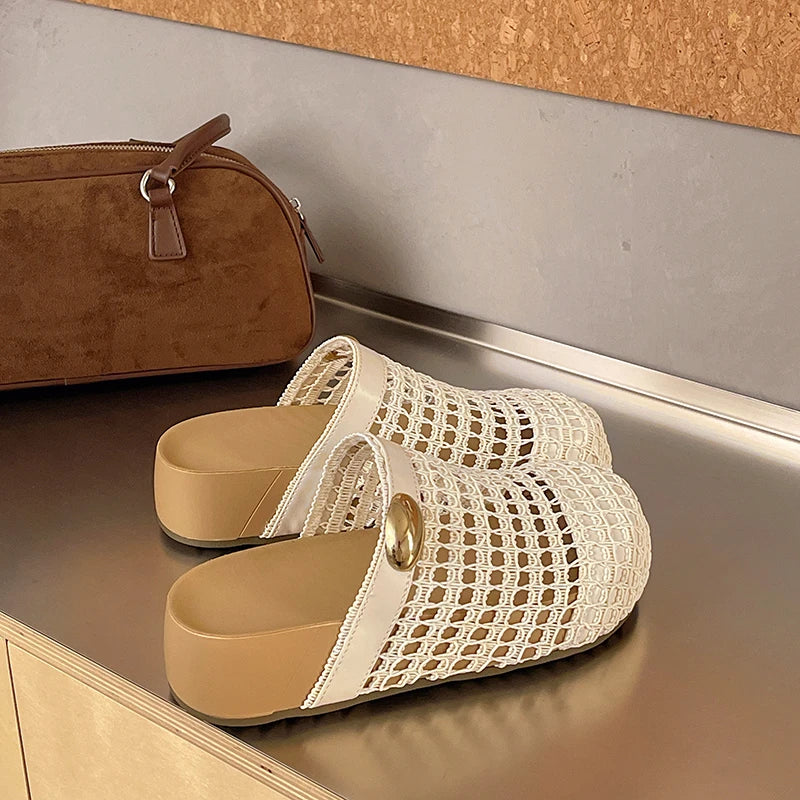 Women Closed Toe Crochet Mesh Hollow Out Wedge Mid Chunky Heel Mules Sandals Slides Casual Summer Daily Slippers Shoes for Women