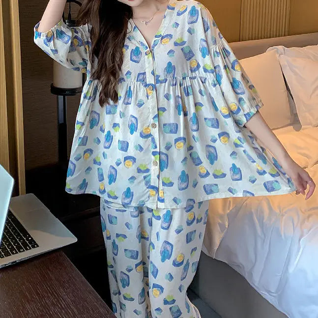 Cotton Sleepwear Big Size Cardigan Seven-minute Pants Two-piece Print Loungewear Pajama Sets Summer Nightwear Korean Fashion