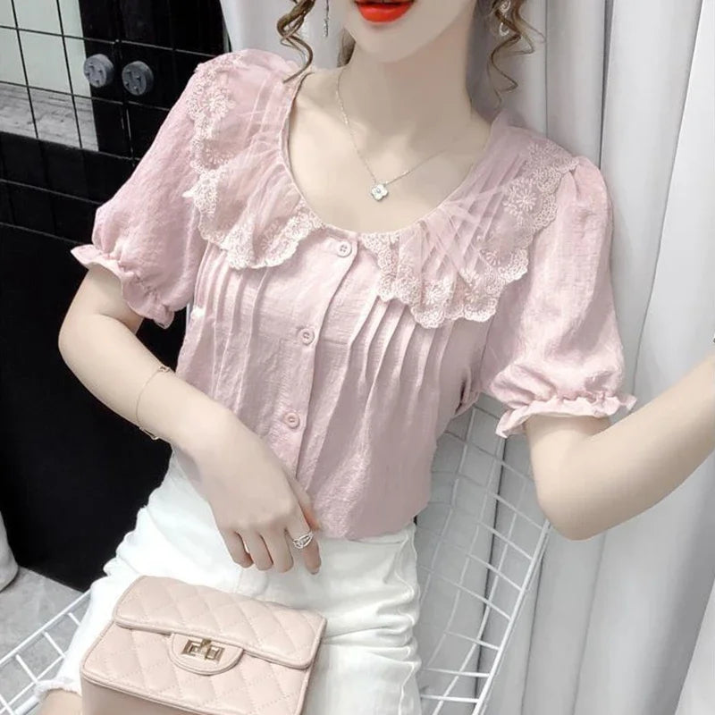 Vintage Lace Patchwork White Shirts Summer Women Korean - View 2 | SAMAG