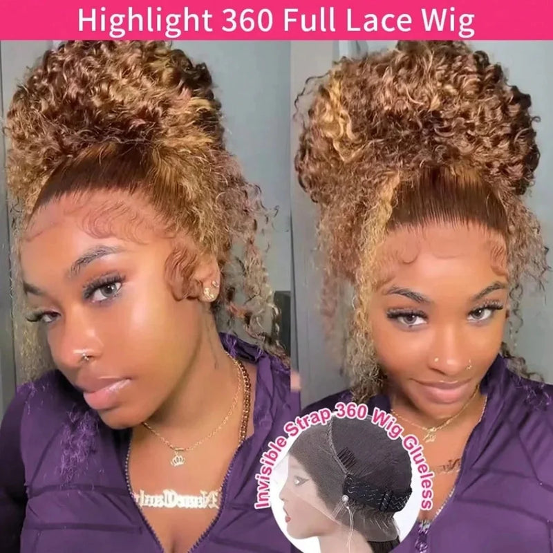 360 Full Lace Wig Human Hair Pre Plucked HD Invisible Drawstring Brazilian Skinlike Pre Cut Transparent Lace Highlight Deep Wave Frontal Wig For Women