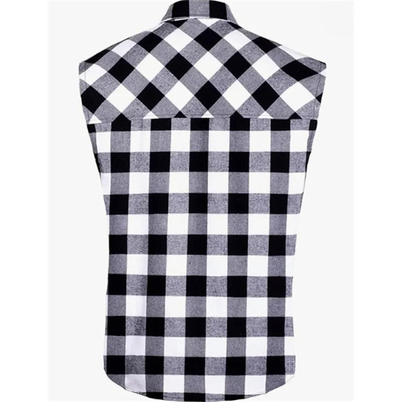 Men's Summer Sleeveless Vests Turn-down Collar Shirts sports Vest Single-breasted Plaid Tank Top cardigan Casual Vests Men tops