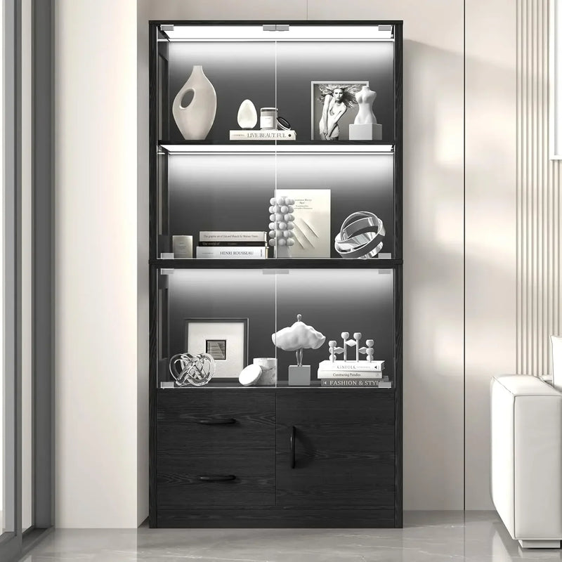 Display Cabinet with Glass Doors, 4-Tier Display Case with 3-Color Lights & Human Body Sensor, Storage Cabinets with 3 Shelves &