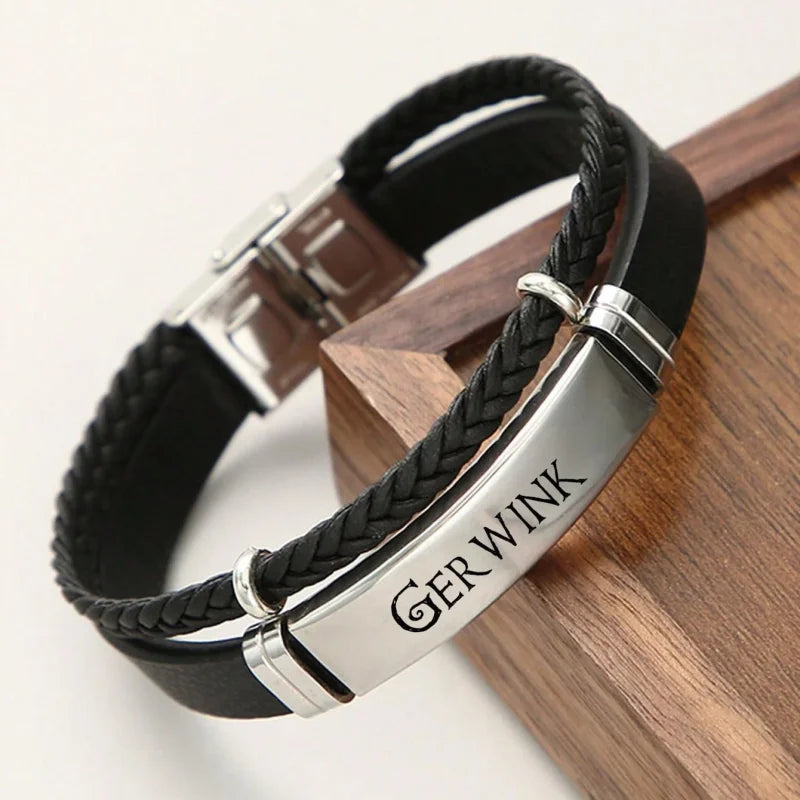 Custom Engraved Name Braided Rope Stainless Steel Bracelet, Personalised Engraved Text Twisted Rope Braided Leather Wristband