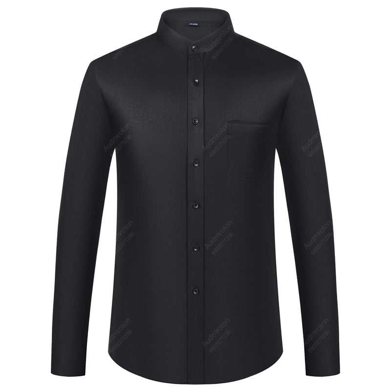 Men's Banded Collar Dress Shirts Long Sleeve Button Down Mandarin Versatile Solid with Pocket - View 12 | SAMAG