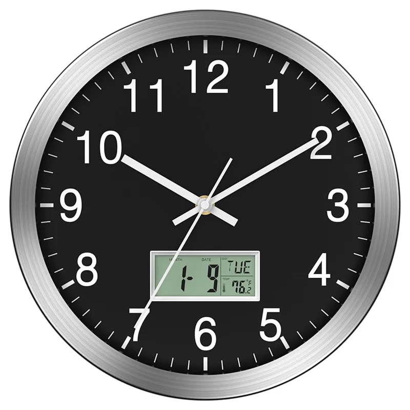 12Inch Wall Clock With Digital Date, Week & Indoor Temp - Battery Operated Wall Clock, Auto Sets,Easy To Read-AT64