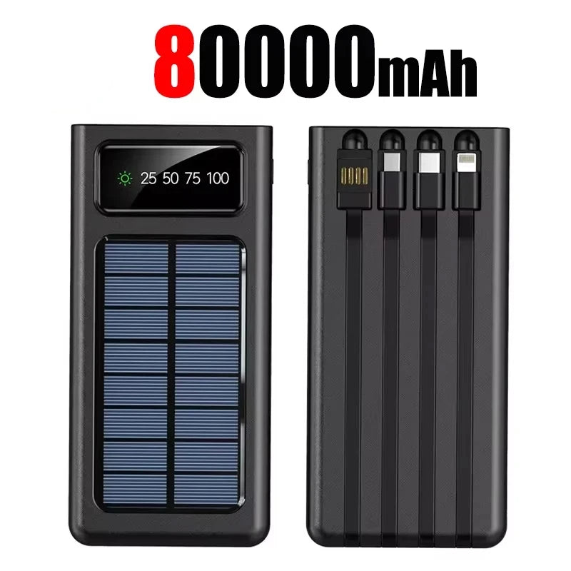 Portable Solar Charger Power Bank High Capacity External Rechargeable Solar Battery With 4 Cables For iPhone Samsung 2026