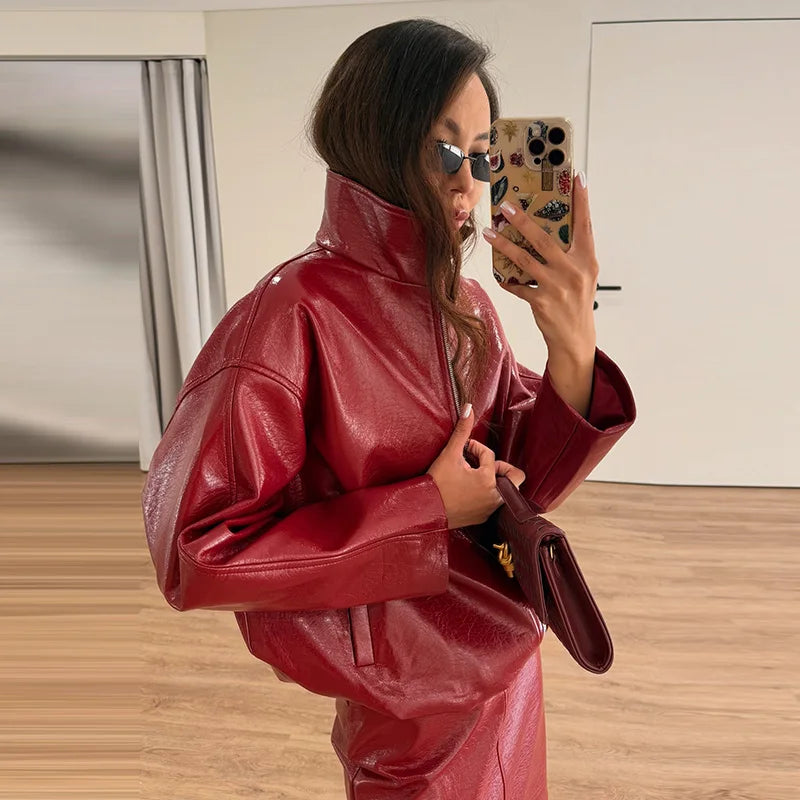 Street Leather Skirts Sets Women High Neck Long Sleeves Zipper High Waist Split Loose Suits Female 2026 Autumn New Chic Set Lady