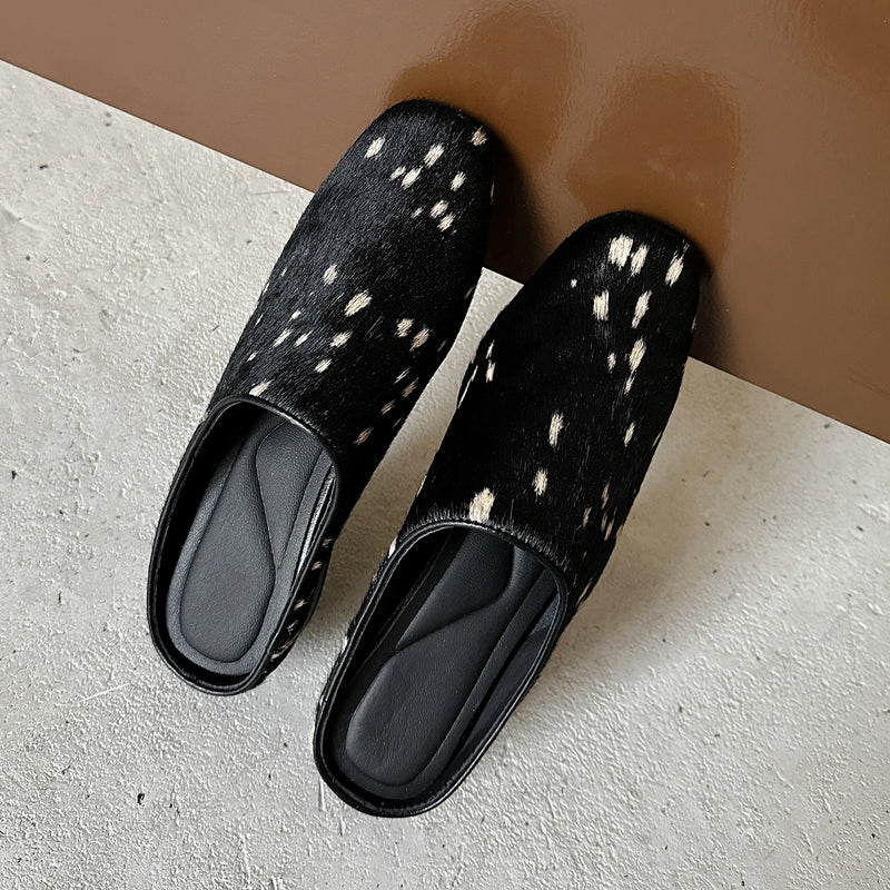 Genuine Leather Horsehair Women Mules,Low Block Heels Women Shoes, Slip-on Fashion Slippers