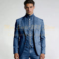 Tailor Made Men's Suits Denim Single Breasted Notch Lapel Slim Fit 3 Piece Jacket Pants Vest Full Sets Elegant Male Clothing