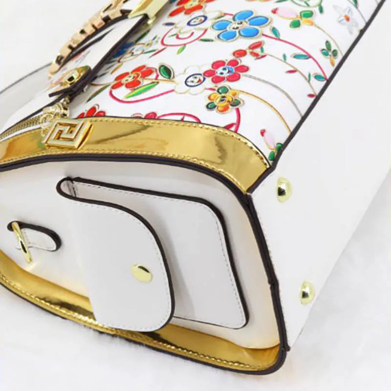 Women Boston Bag Printed Pattern Handbag Large Capacity Shoulder Crossbody Bag Double Zipper Half Cover Style Top Handle Bag